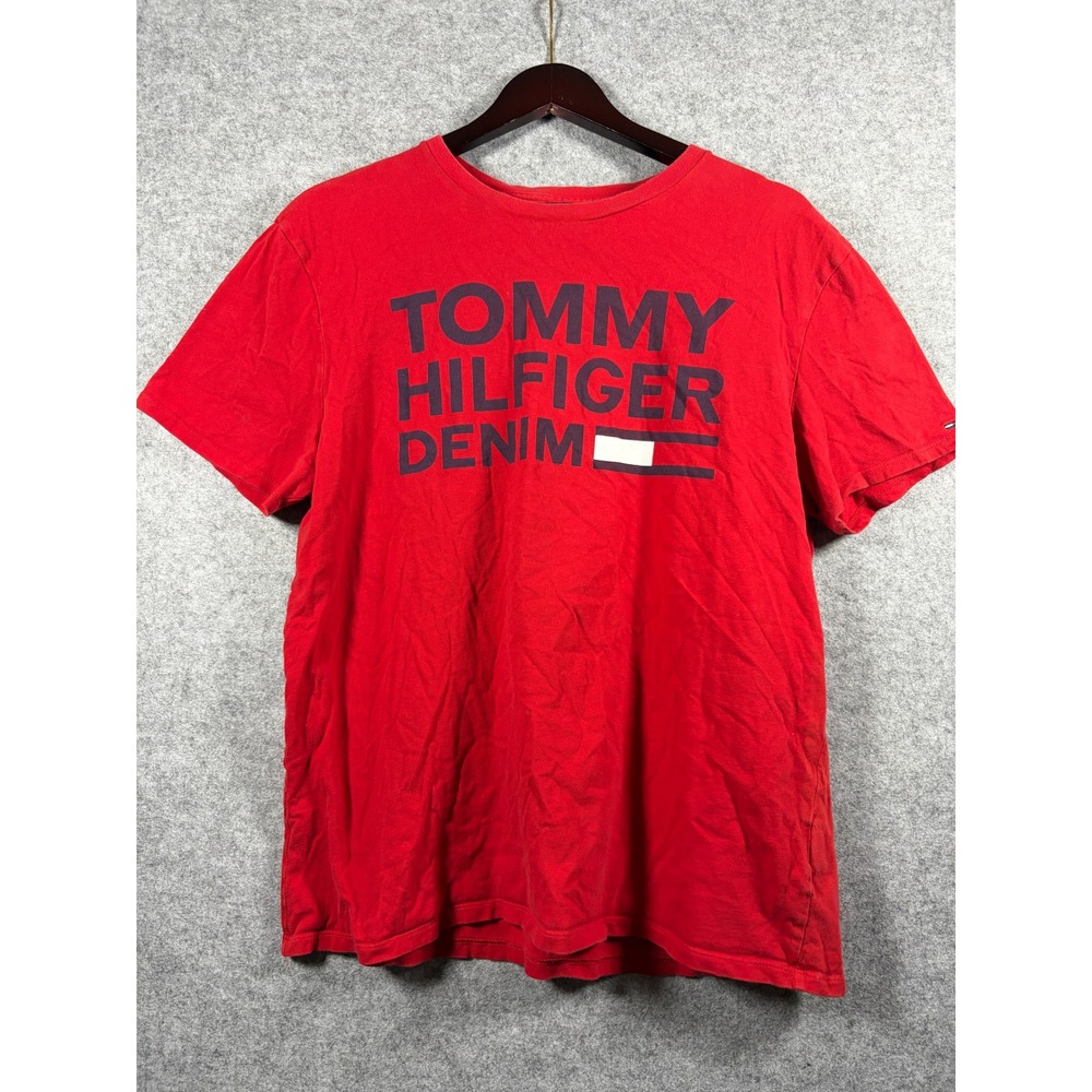 Tommy Hilfiger Denim Mens‎ Red Graphic Logo T-Shirt Short Sleeve Cotton Large